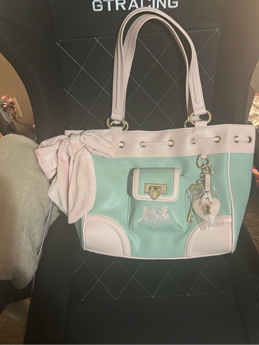Rare NWT Juicy Couture Royal Hobo Bag Mint Green Pink Heart Lock Charm